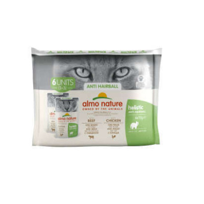 Almo Nature Holistic Cat Functional  Multipack Anti Hairball - 3x Boeuf + 3x Poulet  6 x 70 gr.